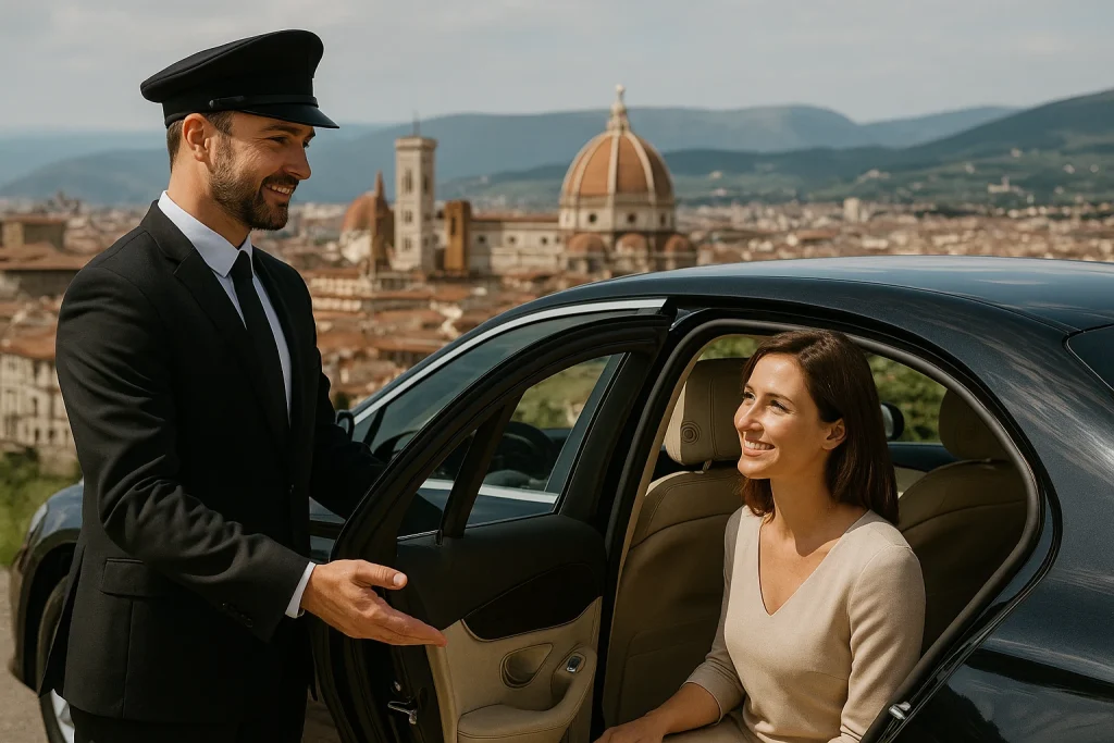 Chauffeur in abito nero apre la portiera di un’auto di lusso a una cliente a Firenze, con vista panoramica sul Duomo e le colline toscane.